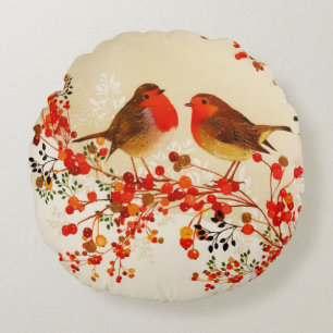Red Gold Winter Birds Holly Berry Branches Rond Kussen