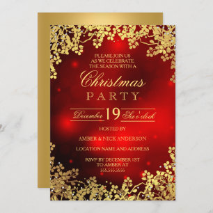 Red Gold Wreath Christmas Party Invitation