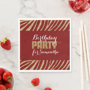 Red Gold Zebra Print Faux Glitter Verjaardag Servet