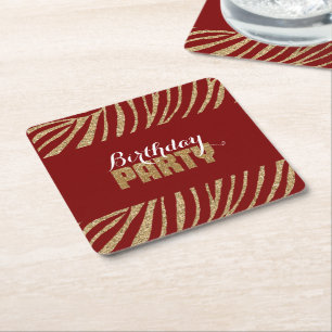 Red Gold Zebra Print Faux Glitter Verjaardag Vierkante Kartonnen Onderzetter
