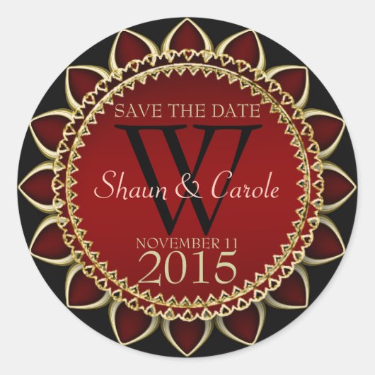 Red Gold Zonnebloem Monogram Save the Date Sticker (Voorkant)