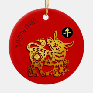 Red Golden Ox Papercut Chinees nieuwjaar 2021 CRO Keramisch Ornament
