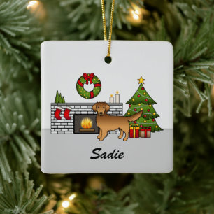 Red Golden Retriever in kerstkamer & naam Keramisch Ornament