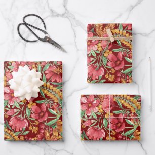 Red Golden Yellow Green Waterverf Flowers Patroon Inpakpapier Vel