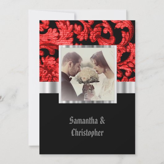 Red Gothic damask wedding foto uitnodiging (Achterkant)