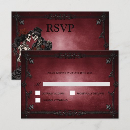Red Gothic Halloween Alternative Wedding RSVP Card (Devant / Derrière)
