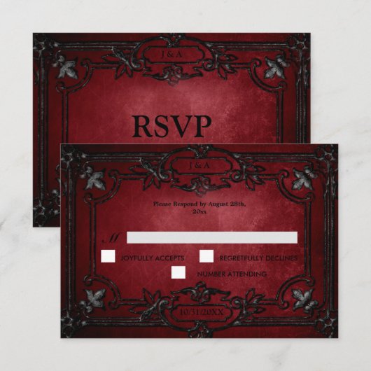 Red Gothic Halloween Alternative Wedding RSVP Card (Devant / Derrière)