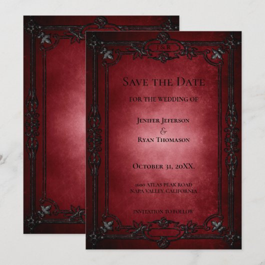 Red Gothic Halloween wedding save the date Aankondiging (Voorkant / Achterkant)