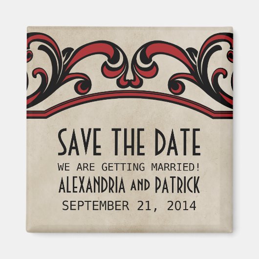 Red Gothic Swirls Save the Date Magnet (Devant)