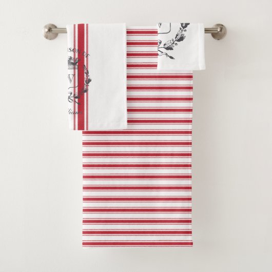 Red Grain Sack Stripe Family Crest Bad Handdoek (Insitu)