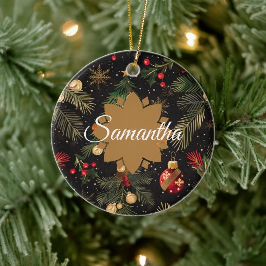 Red, green and gold personalized  keramisch ornament (Boom)