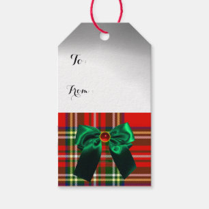 RED GREEN BOWS, SCOTTISH TARTAN EN CHRISTMAS TREE CADEAULABEL