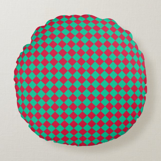 Red Green Checker Diamond Pattern Rond Kussen (Voorkant)