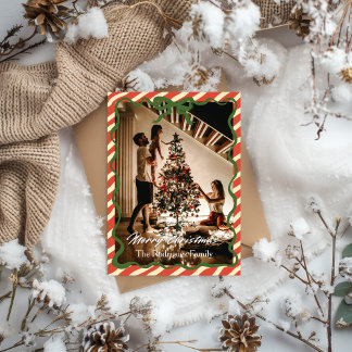 Red Green Christmas Family Photo Greeting Card Kaart