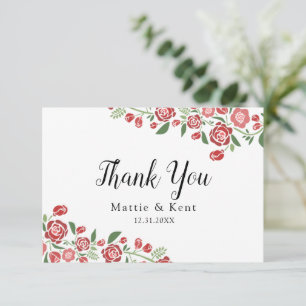 Red Green Elegant Floral Wedding Couple Bedankkaart