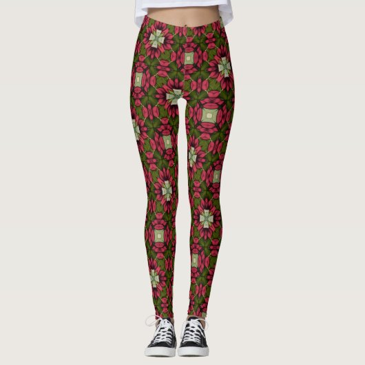  Red & Green Floral Kaleidoscope Leggings (Devant)