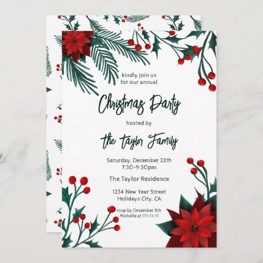 Red Green Floral met kerstmis, Pattern Invitati Kaart (Voorkant / Achterkant)