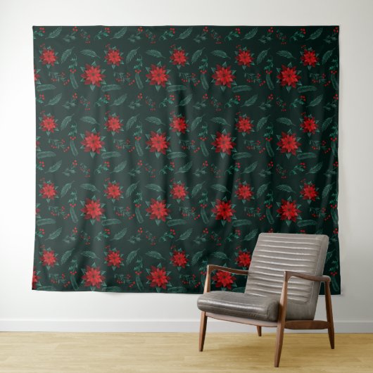 Red Green Floral met kerstmis, rode patroonspeld Wandkleed (In Situ (horizontaal))