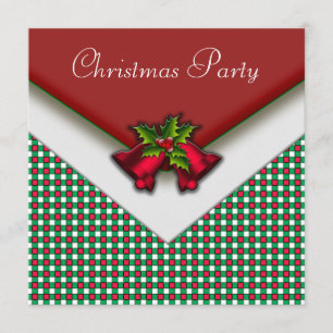 Red Green Gingham Red Bells Holly kerstparty Kaart