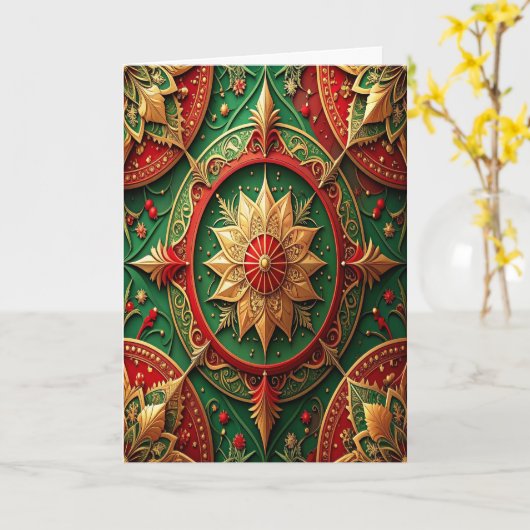 Red Green Gold Decorative Holiday Card Kaart (Gele Bloem)