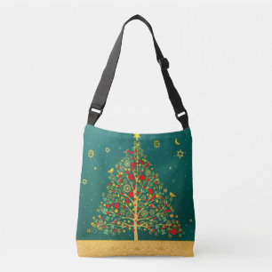 Red Green Gold Glitter Chrismas Winter Bird Tree Crossbody Tas