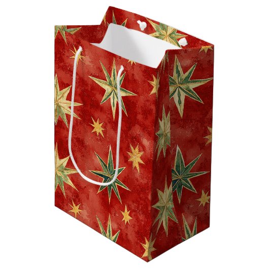 Red Green Gold Stars Christmas Medium Cadeauzakje (Voorkant Gekanteld)