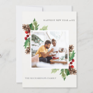 RED GREEN HOLLY BERRY PINE CONE NIEUW JAAR FOTO FEESTDAGENKAART