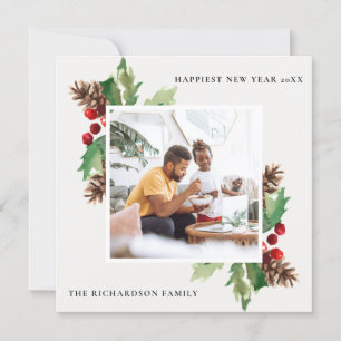 RED GREEN HOLLY BERRY PINE CONE NIEUW JAAR FOTO FEESTDAGENKAART