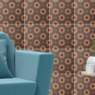Red Green Kaleidoscope Geometric Floral Pattern Tegeltje