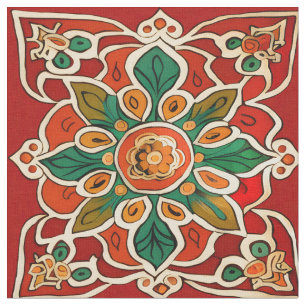 Red Green Oranje Yellow Azulejos Floral Pattern Stof