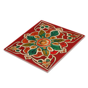 Red Green Oranje Yellow Azulejos Floral Pattern Tegeltje