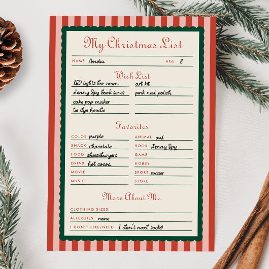 Red & Green Printable My Christmas List Card Kaart