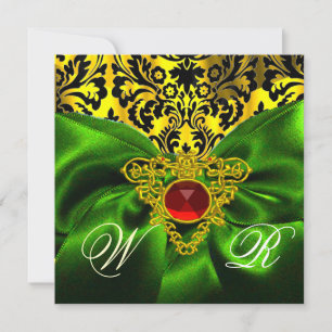 RED GREEN RIBBON GOLD CELTIC HEART DAMASK MONOGRAM KAART