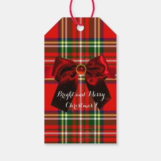 RED GREEN SCOTTISH TARTAN MET CHRISTMAS BOWS CADEAULABEL (Achterkant)