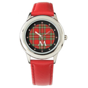 RED GREEN SCOTTISH TARTAN, PINK GEMSTONES MONOGRAM HORLOGE