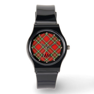 RED GREEN SCOTTISH TARTAN, PINK GEMSTONES MONOGRAM HORLOGE