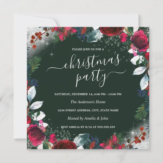 Red Green Silver Sparkle Wreate Kerstparty Kaart (Voorkant)