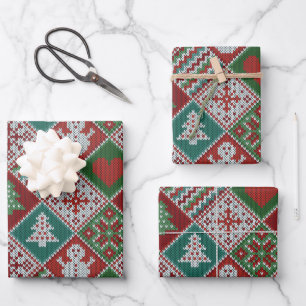 Red Green White Faux Knit-kerstpatroon Inpakpapier Vel