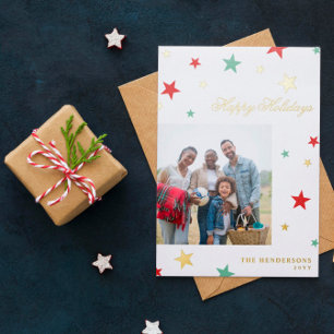 Red Green White Gold Stars Foto Prettige feestdage Folie Feestdagenkaart