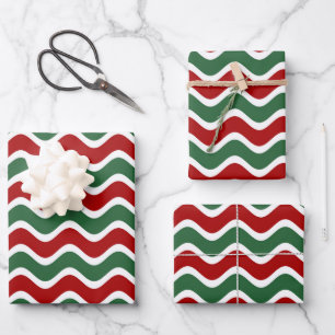 Red Green White-kerstgolfstrepen Inpakpapier Vel