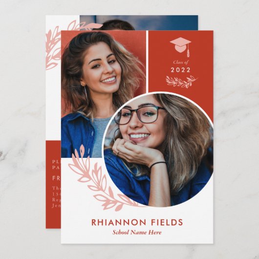 Red Greenery Overlapping Foto's Afstuderen Kaart (Voorkant / Achterkant)