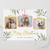 Red & Greenery Photo Gold Foil Holiday Kaart (Voorkant)