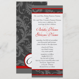 Red Grey Blanc 9x4 Damask Swirl Wedding Invitation