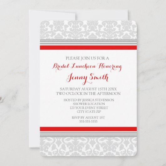Red Grey Damask Bridal Lunch Cartes d'invitation (Dos)