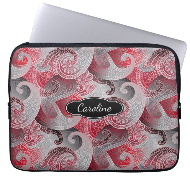 Red Grey en Black Paisley Pattern met Monogram Laptop Sleeve (Voorkant)