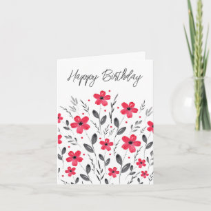 Red Grey Five Petal Waterverf Floral Motif Kaart