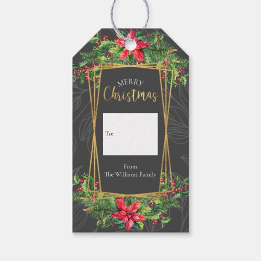Red Grey Gold Floral Merry kerst Cadeaulabel (Voorkant)