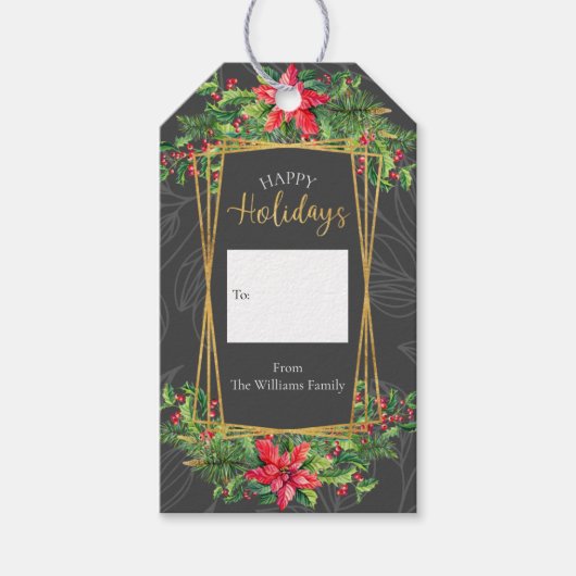 Red Grey Gold Floral Prettige feestdagen Cadeaulabel (Voorkant)