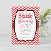 Red Grey Herringbone Baby Shower Invitations (Debout devant)