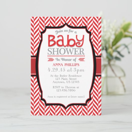 Red Grey Herringbone Baby Shower Invitations (Debout devant)